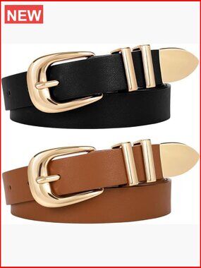 Women's PU Leather Western Belt with Gold Buckle Adjustable Waist Belt